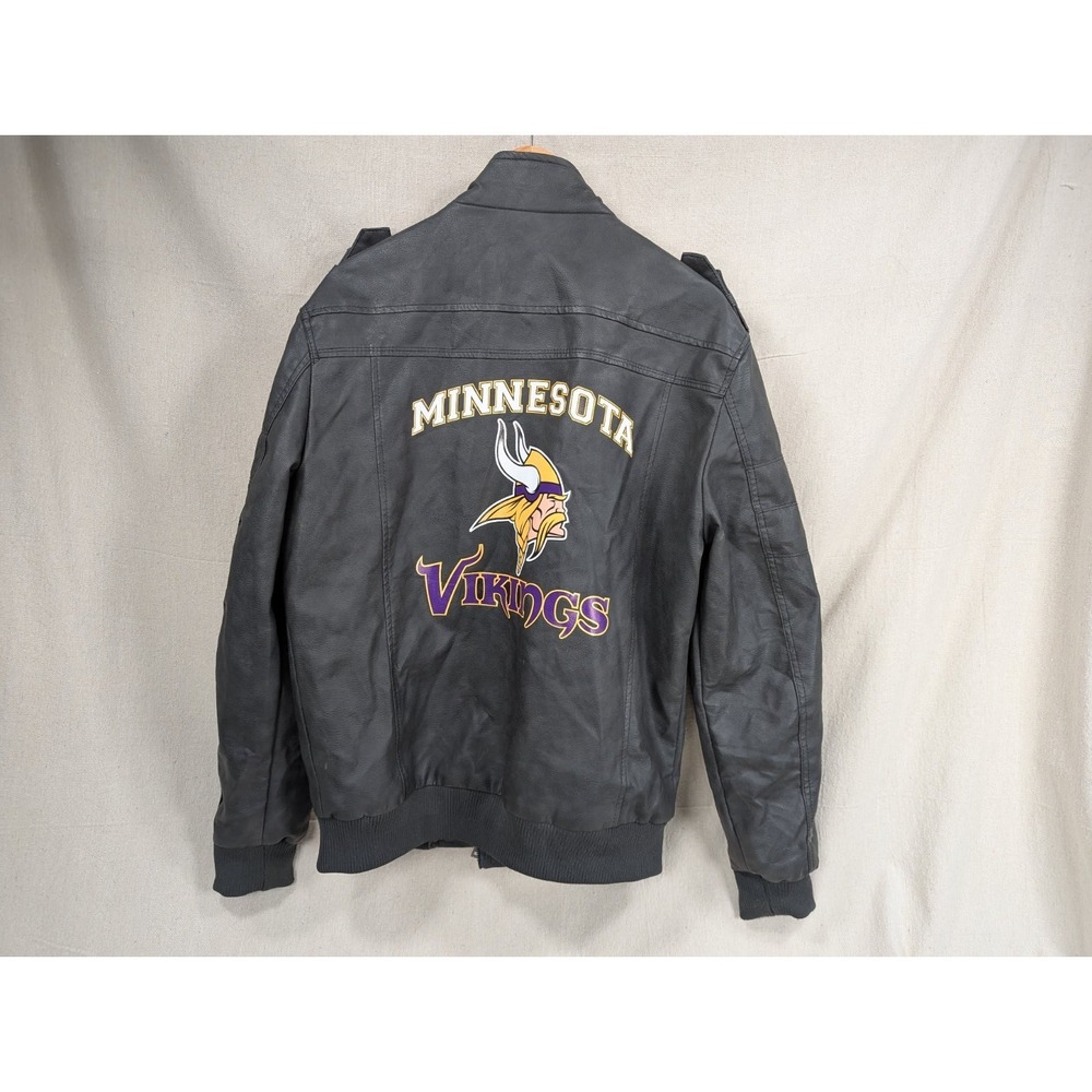 Minnesota Vikings NFL Faux Leather Moto Jacket Size Large Team Logos Zip Pockets - Picture 12 of 15